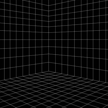 Şebeke odası perspektifte, vektör illüstrasyonu 3 boyutlu. Kapalı kablo çizgileri, şablon iç kare, dijital boş kutu. Soyut geometrik tasarım arkaplanı