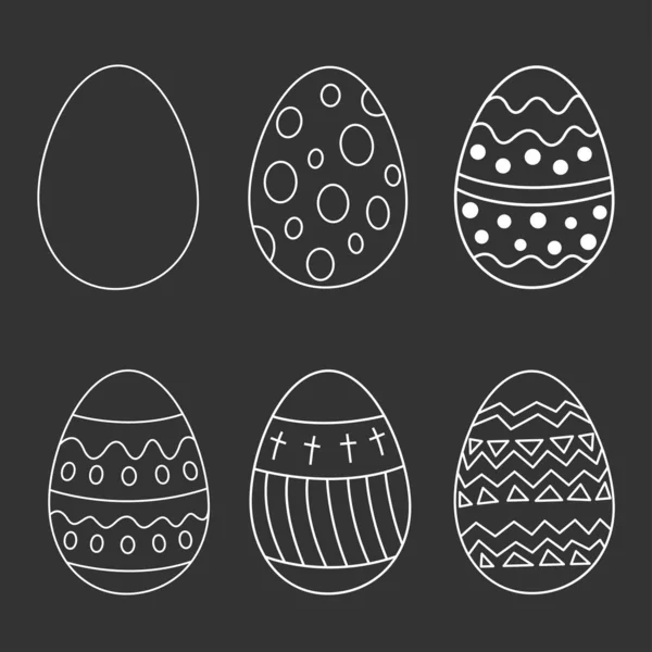 Huevo de Pascua en estilo garabato. Colección delinear los huevos para el diseño y la impresión. Fiesta religiosa tradicional. Ilustración vectorial, elementos blancos aislados sobre fondo negro — Vector de stock