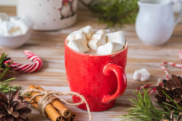 Cacao Parfumé Avec Guimauves Dans Une Tasse Rouge Dans Décor — Photo