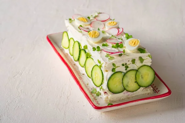 Swedish Sandwich Cake Stuffed Egg Salad Liver Pate Beetroot Salad — стоковое фото