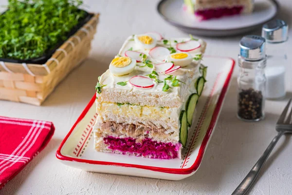 Swedish Sandwich Cake Stuffed Egg Salad Liver Pate Beetroot Salad — 图库照片