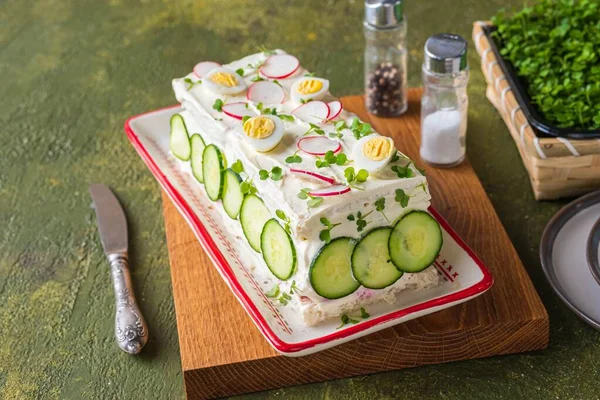 Swedish Sandwich Cake Stuffed Egg Salad Liver Pate Beetroot Salad — 图库照片