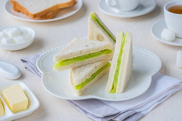 Tea Triangular Sandwiches Butter Fresh Cucumber Slices White Plate Light — Stock Photo, Image