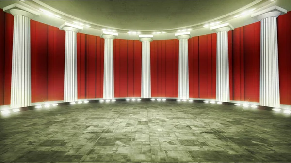 Classic aesthetic virtual TV broadcast background with columns and red curtains. Ideal for history shows, documentaries, or educational events. 3D rendering backdrop suitable on VR tracking system stage sets, with green screen