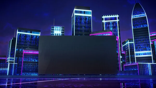 サイバーシティの仮想スタジオの背景には 大きなビデオ壁と 未来的なテレビ番組やテクノロジーの立ち上げイベントに最適です Vrトラッキングシステムのステージセットに適した3Dレンダリングの背景 緑の画面 — ストック写真