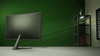 Masası ve monitörü olan bir ev veya ofis odasının sanal arka planı. Görüntü konferansı, çevrimiçi video gösterileri ya da olaylar için yeşil ekran arkaplanı olarak 3D görüntüleme ideali