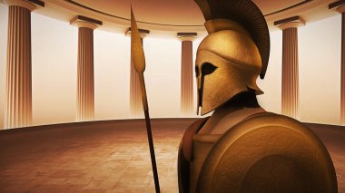 Antik Spartalı (Yunan) savaşçı bir tapınakta. 3 boyutlu bir illüstrasyon kavramı, eğitim amaçlı ideal, TV belgeselleri, tarih bilgisi vs..