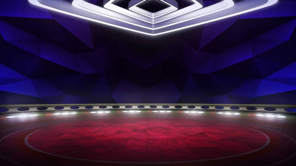 Futuristic virtual studio, TV show background. 6k, 3D rendering ideal for online events or broadcasts. CG backdrop suitable on VR tracking system stage sets, with green screen