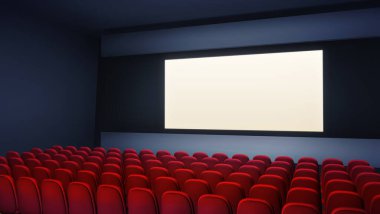 Sinema tiyatrosu. Kırmızı koltukları ve boş ekranı olan bir yer. 3 boyutlu grafikler, film konsept şablonu. Metin için kopyalama alanı olan bir arkaplan