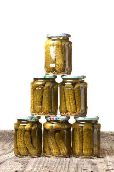 Jars of preserved gherkins — Stock Photo, Image