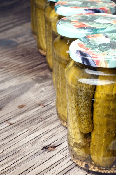 Jars of preserved gherkins — Stock Photo, Image