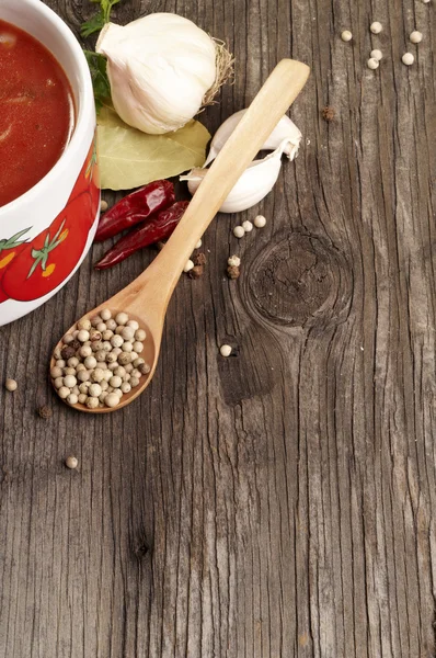 Tomato soup and spices — Stock Photo, Image
