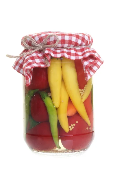 Hot chili peppers in jar — Stock Photo, Image