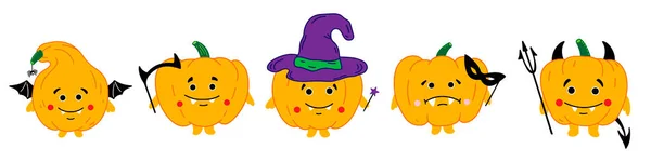 Set Zucche Carine Cartone Animato Buona Stampa Halloween Illustrazione Vettoriale — Vettoriale Stock