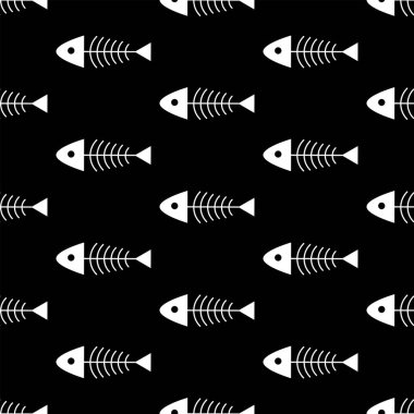 Balık iskeletleriyle kusursuz desen. Siyah arkaplanda vektör illüstrasyonu.