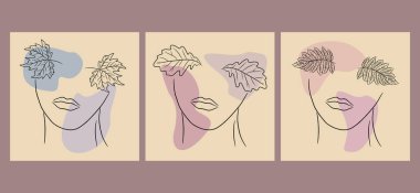 Kadın yüzleri ve sonbahar yaprakları sanat tarzında soyut bir set. Minimalist tarzda vektör kartları. Modern Tasarım konsepti.