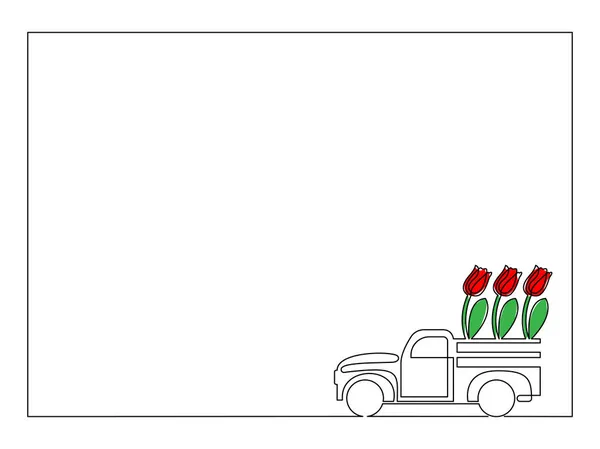 Cadre Avec Camionnette Rétro Avec Tulipes Ligne Continue Illustration Vectorielle — Image vectorielle