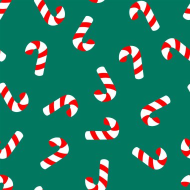 Noel aralıksız şeker kamışı deseni. Yeşil arkaplanda vektör illüstrasyonu.