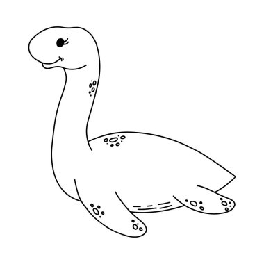 Şirin küçük dinozor. Plesiosaurus. Beyaz arkaplanda izole edilmiş vektör çizimi. Çocuk baskısı kavramı. Boyama kitabı sayfası.
