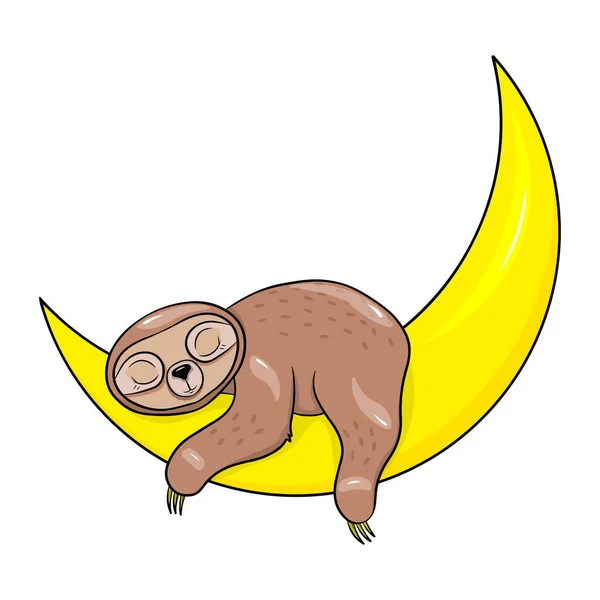 Cute Cartoon Sloth Sleeping Moon Vector Illustration Isolated White Background — Stock Vector