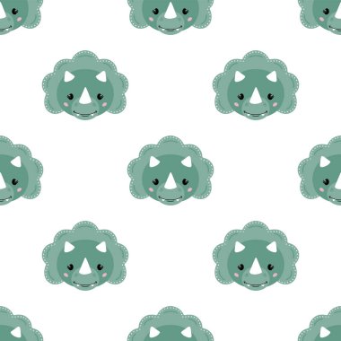 Şirin, küçük dinozorla kusursuz bir desen. Beyaz arka planda el çizimi vektör çizimi. İskandinav çizgi film tarzı düz tasarım. Çocuk yazdırma kavramı.