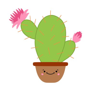 Çiçekli şirin çizgi film kaktüsü. Beyaz arkaplanda izole edilmiş vektör çizimi. İskandinav tarzı düz tasarım. Çocuk yazdırma kavramı.