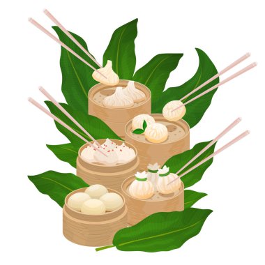 Dim Sum buğulanmış köfte seti. Dim Sum, Baozi, Mantou, Momo, Khinkali 'nin vektör çizimi. Bambu buharlı sepetlerde servis edilen Asya mutfağı. Asya hamur köftelerinin vektör illüstrasyonu
