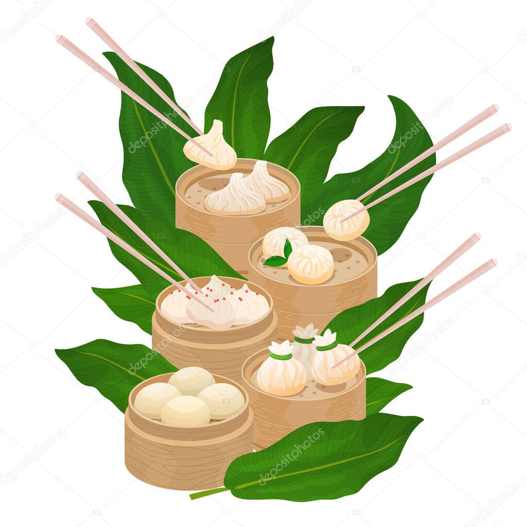 Dim Sum steamed dumplings set. Vector illustration of dim sum, baozi, mantou, momo, khinkali. Asian cuisine served in bamboo steamer baskets with chopsticks. Vector illustration of asian dumplings
