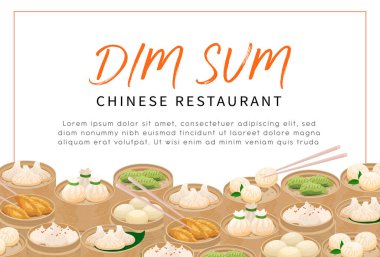 Dim Sum buğulanmış hamur köftesi restoran broşürü, menü kapağı, afiş, poster. Geleneksel Çin usulü buğulanmış hamur köftelerini bambu sepetlerinde, metin ve başlık için yeri olan afiş illüstrasyonu