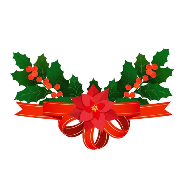 Christmas Holly Decoration Poinsettia Flower Holly Branches Berries Red Satin — Stock Vector