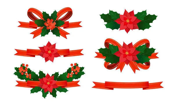 Christmas Decoration Elements Set Red Satin Ribbons Bows Holly Leaves — Stock Vector