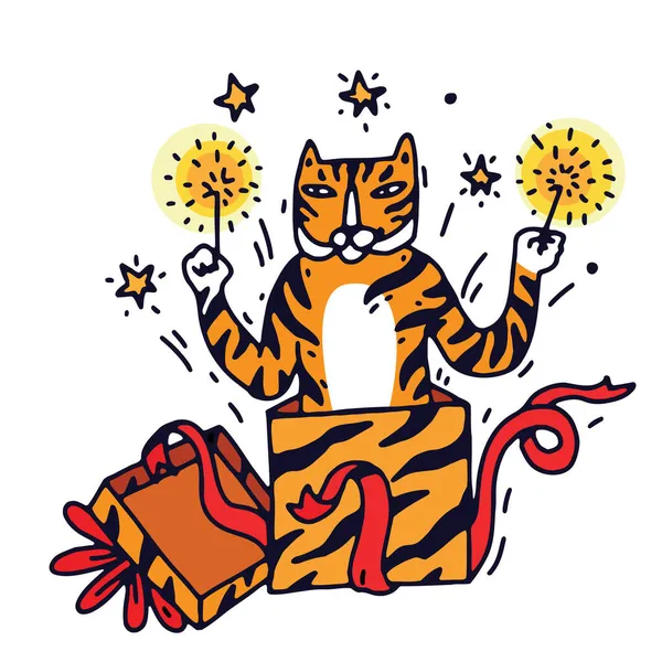 Tiger Firar Nyår 2022 Söt Handritad Doodle Tiger Karaktär Presentask — Stock vektor