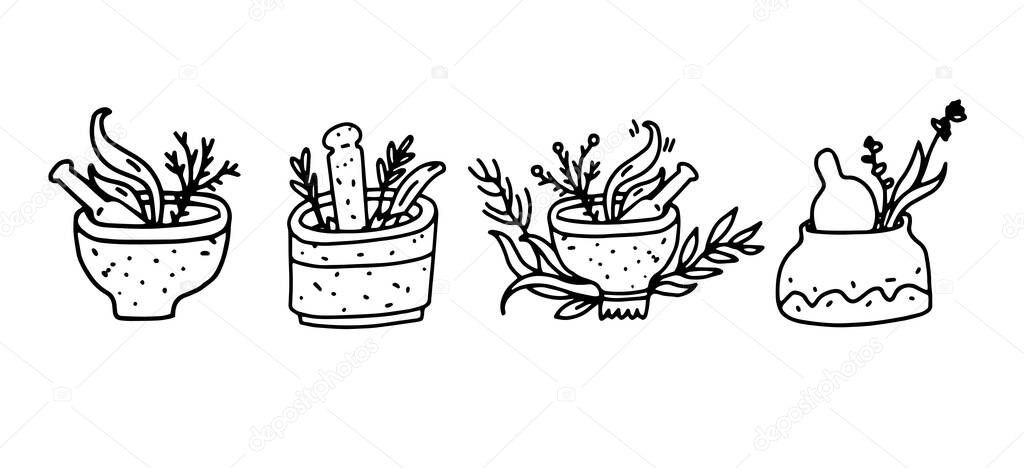 Mortar and pestle with medicinal herbs. Vector illustration set of mortar bowls for traditional folk medicine or ayurveda. Vector icons in hand drawn black and white outline doodle style