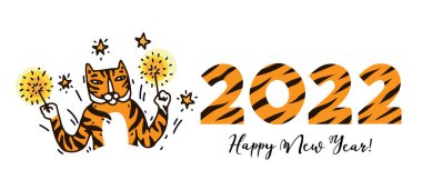 Kaplanın yeni yılı 2022 konsept pankartı. Yeni yılı kutlayan çizgili ve şirin kaplan karakterli 2022 yılı numaraları. Çizgi film karalama tarzında el çizimi vektör çizimi çizimi çizimi çizimi