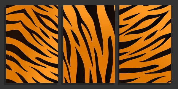 Tigerfell Textur Hintergrund Set Tiger Schwarze Und Orangefarbene Streifen Fell — Stockvektor