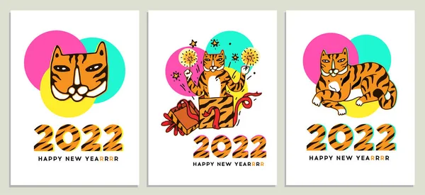 New Year Tiger Card Set Legrační Tiger Kreslené Postavičky Slaví — Stockový vektor