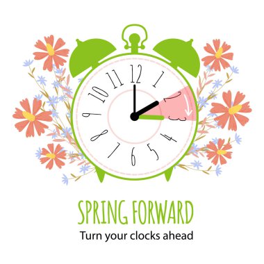 Daylight saving time begins. Spring forward concept with graphic alarm clock and schedule to set your clocks forward one hour in the spring. Vector illustration isolated on white