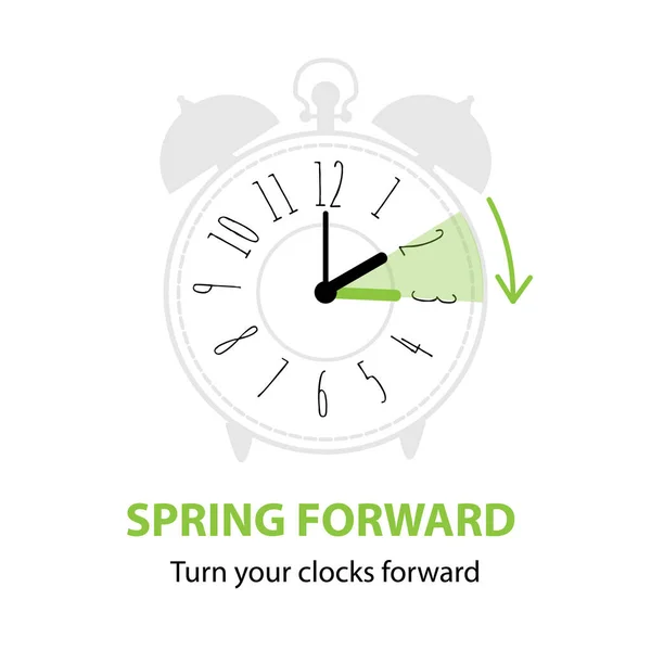 昼間の時間を節約 グラフィック目覚まし時計と春の1時間前に時計を設定する予定と春のフォワードコンセプト 白地に独立したベクトル図 — ストックベクタ