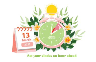 Gün ışığı tasarrufu 13 Mart 2022 'de başlar. 13 Mart tarihli alarm saati ve takvim ilkbahar arkaplanındaydı. Hatırlatma metni, saatlerinizi ayarlayın. Vektör illüstrasyonu