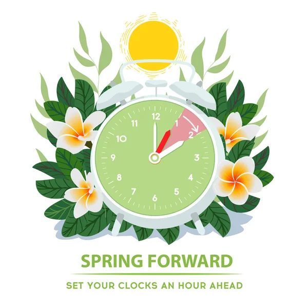 Daylight Saving Time Begins Spring Forward Alarm Clock Forward Moving — Stock Vector