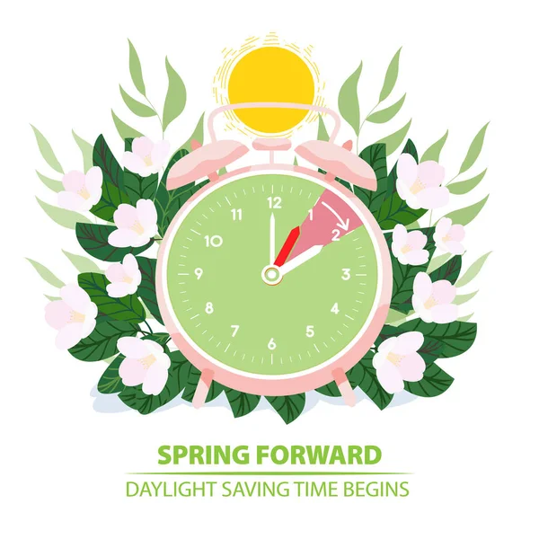 Daylight Saving Time Begins Spring Forward Alarm Clock Moving Forward — Stock Vector