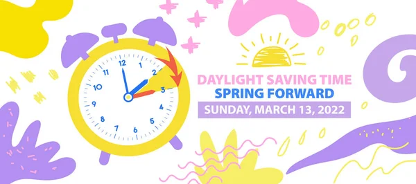 昼光時間の節約コンセプトを開始します 流行の近代的なドアスタイルで春の転送時間のバナー 時計は１時間前に動いた 2022年3月13日のカナダと米国のカレンダー日付のバナー — ストックベクタ