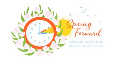 Günışığı Tasarruf Zamanı Posteri, Banner, Arkaplan. Spring Forward konsepti.