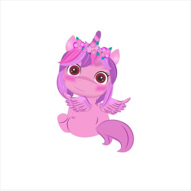 Pembe tek boynuzlu at sırtında oturuyor.