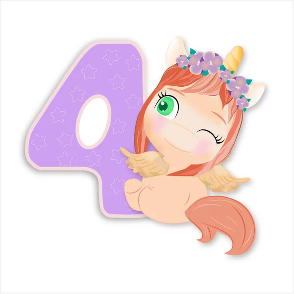 Sırtında dört numaralı leylak olan kırmızı bir tek boynuzlu at oturuyor.