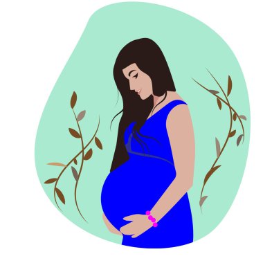 Mavi elbiseli hamile esmer.