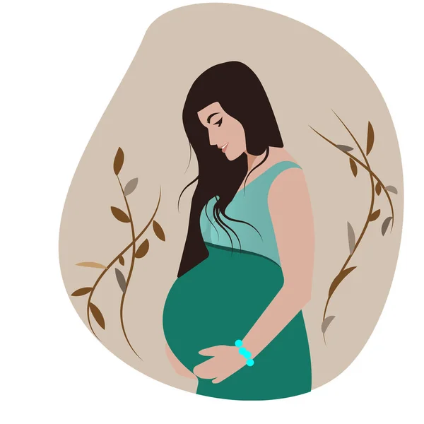 一条绿色连衣裙的怀孕女人 — 图库矢量图片