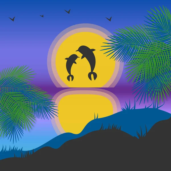 Tropik bir günbatımının arka planında bir çift yunus.