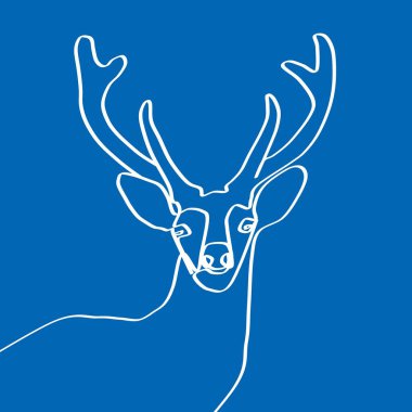 Geyik. Tek bir çizgiyle çizilmiş bir geyik kafası. Bir Noel geyiği görüntüsü. Neşeli bir geyik. Kartpostallar, afişler, kapaklar, albümler, mobil ekran koruyucular, hatıra defteri, reklamlar, bloglar için arka plan