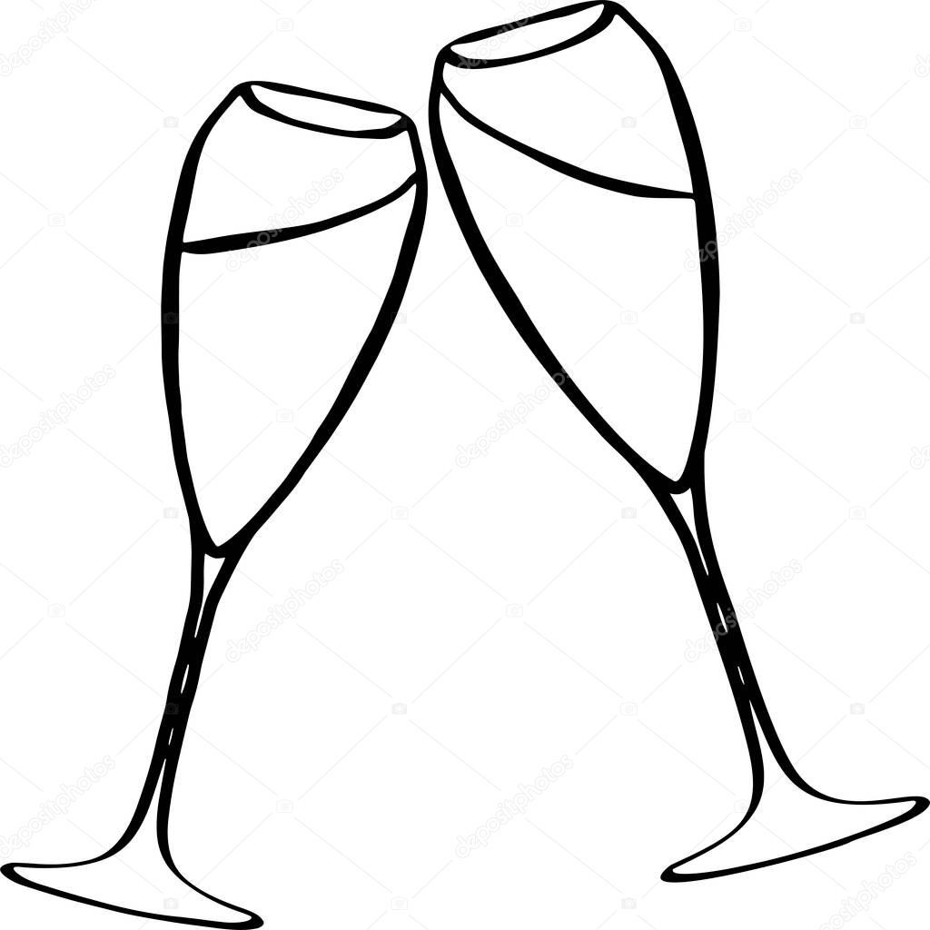 Two glasses of champagne or wine . Illustration of a doodle